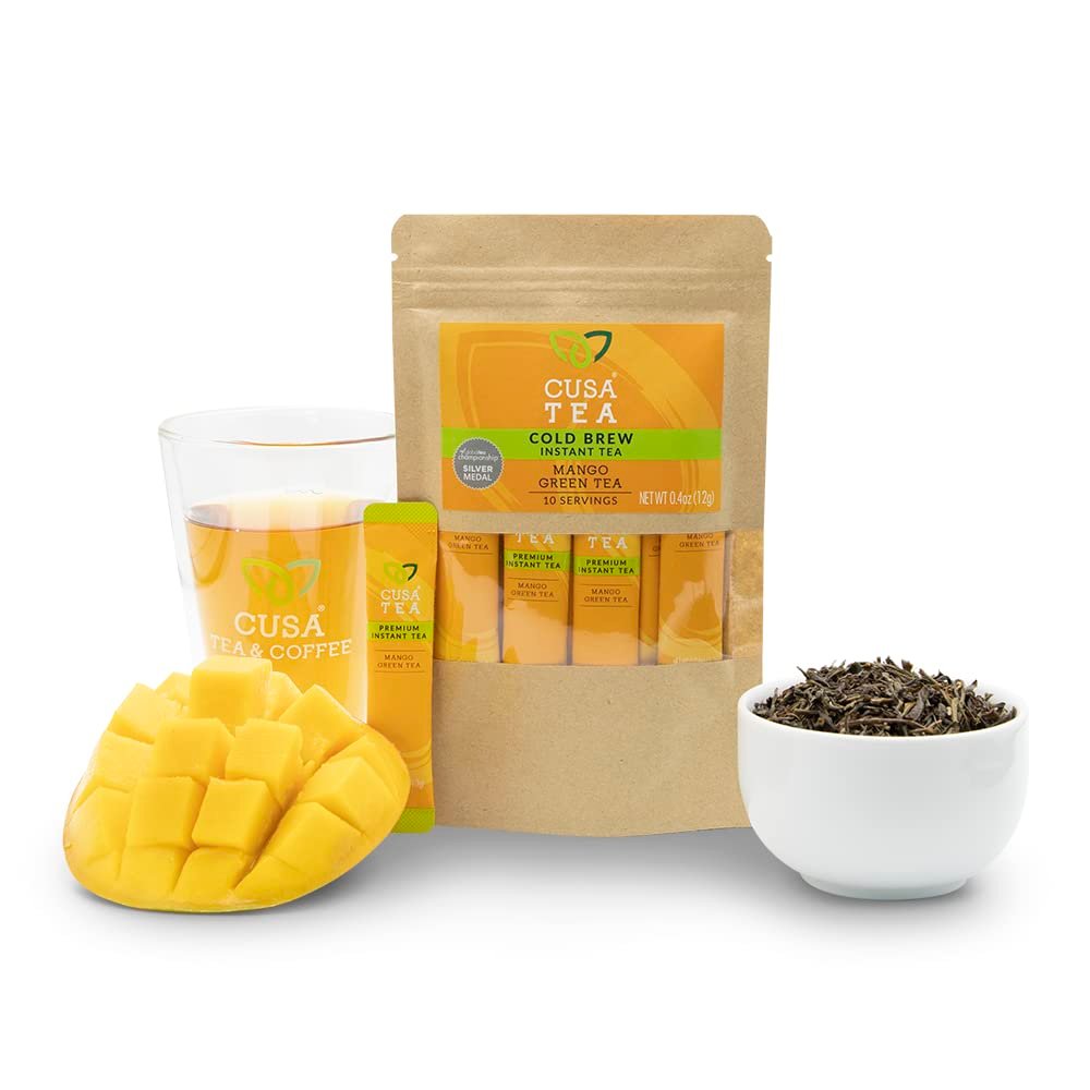 Cusa Tea & Coffee | Premium Instant Mango Green Tea With Real Fruit & Spices | Organic Leaves Drink Mix Packets | Hot or Iced Tea (10 Single Servings) Mango Green 10 Count (Pack of 1)